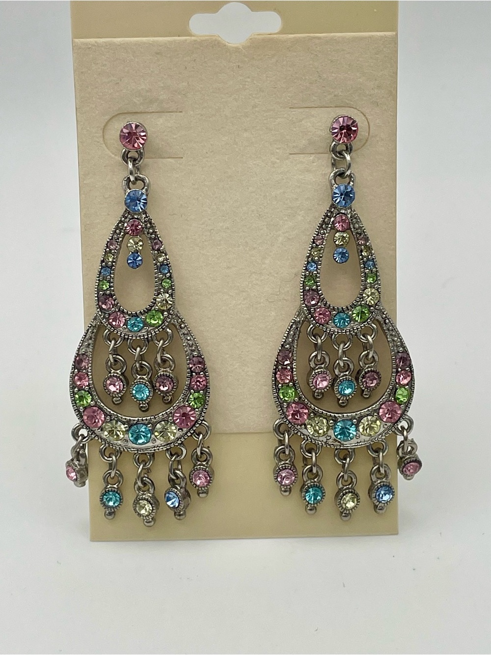 Multicolor Teardrop Chandelier Multi Tier Earrings w/ Rhinestone Dangle Fringe